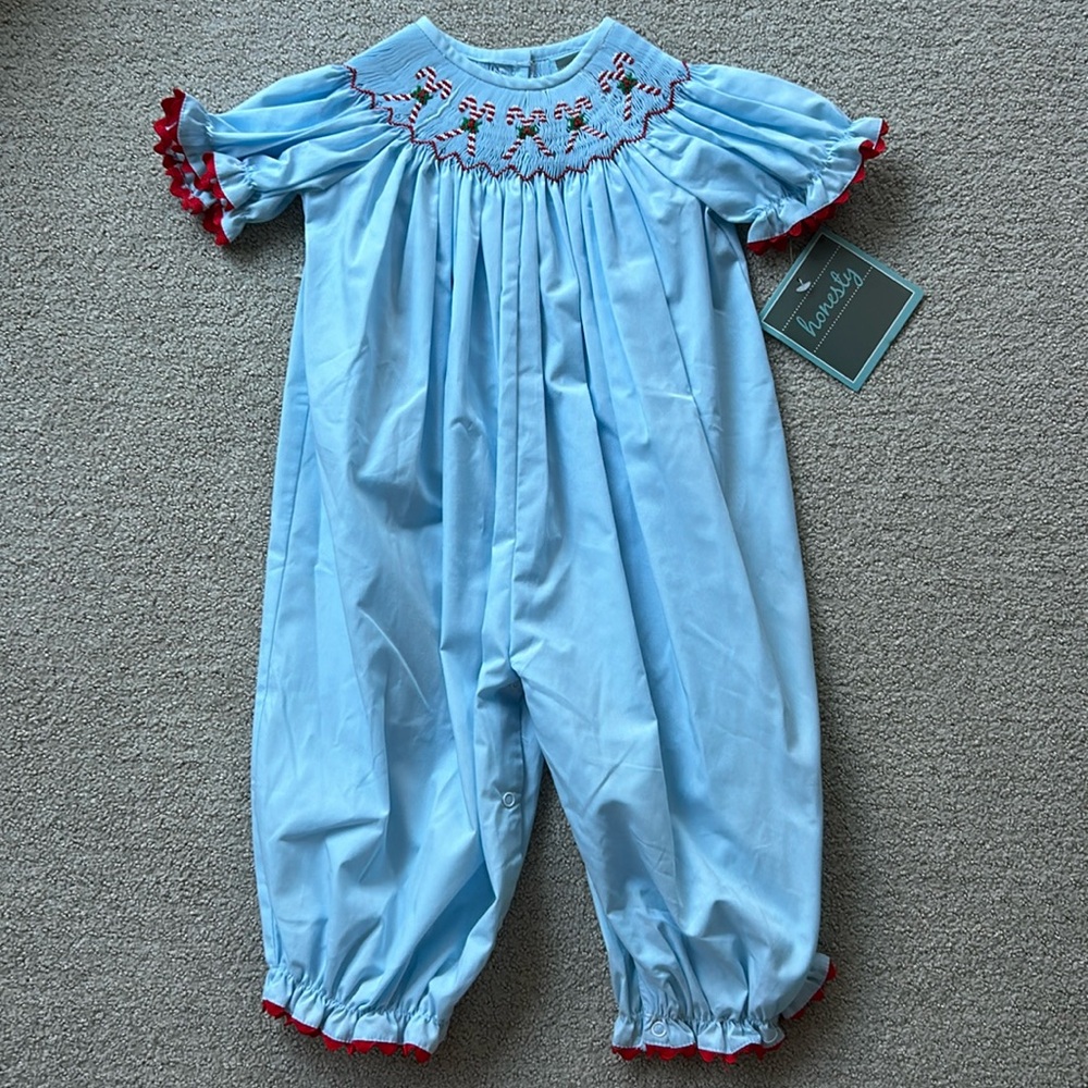 NWT Honesty blue candy cane smocked romper